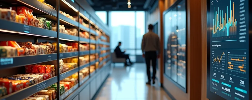 Prateleira inteligente em mini mercado corporativo com sensores e tela digital