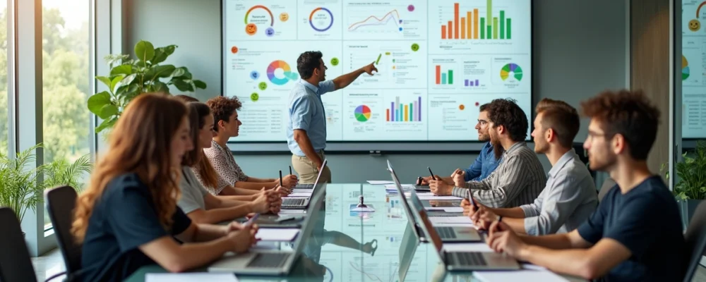 Gestores e colaboradores analisam mural de feedback colorido em sala de reunião moderna
