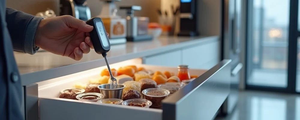 Sensor digital medindo temperatura em bandeja de snacks variados