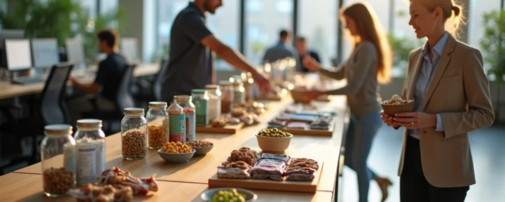 Estações de trabalho com colaboradores pegando snacks proteicos em bancada compartilhada