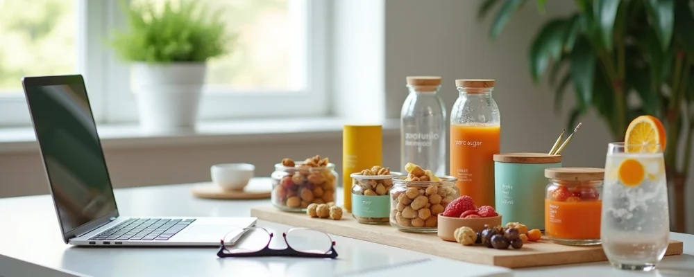 Bancada de escritório com snacks zero açúcar organizados ao lado de laptop e itens de trabalho