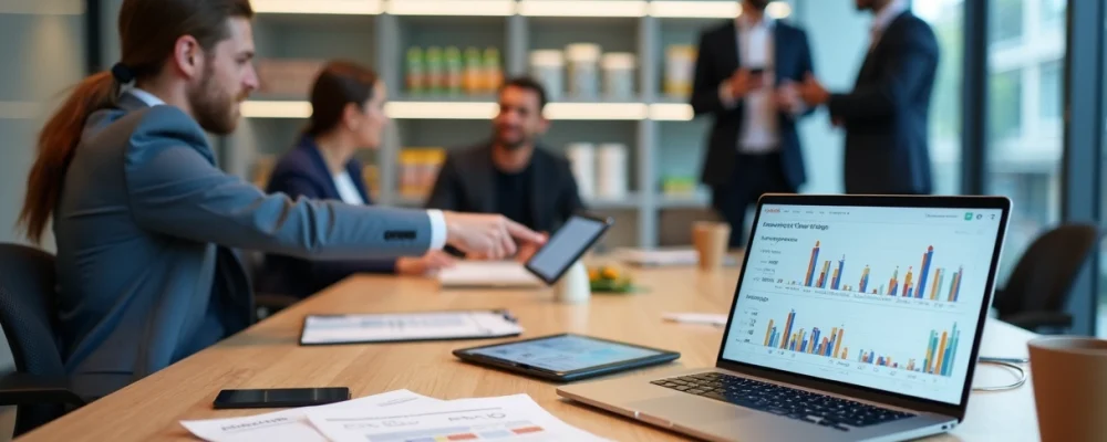 Mesa de reunião com gráfico sobre ticket médio em destaque